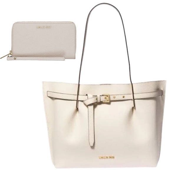 NWT Michael Kors Light Cream Emilia Tote & Jet Set Travel Phone Case - Picture 1 of 12